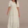 Cream Short Puff Sleeve Round Neck Tiered Midi Dress -Saucony Store brld3101212 1