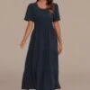Navy Short Sleeve Round Neck Pocket Tiered Maxi Dress -Saucony Store brld3101214 1