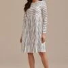 Ivory Stripe 3/4 Length Sleeve Round Neck Midi Dress -Saucony Store brld3101215 1