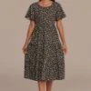 Black Floral Short Sleeve Round Neck Tiered Midi Dress -Saucony Store brld3101905 1