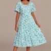 Light Blue Floral Short Sleeve Round Neck Tiered Midi Dress -Saucony Store brld3101908 1