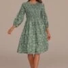 Green Floral 3/4 Length Sleeve Round Neck Smocked Midi Dress 1 Green Floral 3/4 Length Sleeve Round Neck Smocked Midi Dress -Saucony Store brld3101912 1