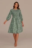 Green Floral 3/4 Length Sleeve Round Neck Smocked Midi Dress