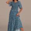 Blue Floral Short Sleeve Round Neck Smocked Maxi Dress -Saucony Store brld3101913 1