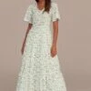 White Floral Short Sleeve V Neck Tiered Maxi Dress -Saucony Store brld3101915 1