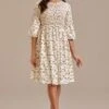 Floral 3/4 Length Sleeve Round Neck Smocked Midi Dress -Saucony Store brld3101917 1