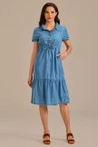 Blue Denim Collared Tie Waist Tiered Midi Dress