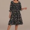 Black Floral 3/4 Sleeve Square Neck Smocked Tiered Midi Dress -Saucony Store brld3102602 1