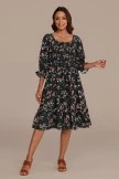 Black Floral 3/4 Sleeve Square Neck Smocked Tiered Midi Dress