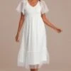 White Dot V Neck Short Ruffle Sleeve Smocked Midi Dress -Saucony Store brld3102610 1 1