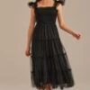 Black Ruffle Sleeveless Smocked Tiered Midi Dress -Saucony Store brld3102612 1