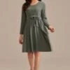 Green Knit Long Sleeve Round Neck Tie Waist Midi Dress -Saucony Store brld3102613 1