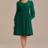 Green Long Puff Sleeve Round Neck Midi Dress -Saucony Store brld3102614 1