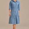 Blue Denim Long Sleeve Front Pocket Tiered Midi Dress 1 Blue Denim Long Sleeve Front Pocket Tiered Midi Dress -Saucony Store brld3102615 1