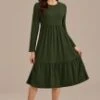 Olive 3/4 Sleeve Round Neck Tiered Midi Dress 1 Olive 3/4 Sleeve Round Neck Tiered Midi Dress -Saucony Store brld3102617 1