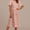 Light Pink Floral Short Ruffle Sleeve Round Neck Midi Dress -Saucony Store brld3102618 1 1