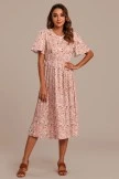 Light Pink Floral Short Ruffle Sleeve Round Neck Midi Dress