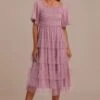 Mauve Dot Short Sleeve Square Neck Smocked Tiered Ruffle Midi Dress -Saucony Store brld3102621 1 1