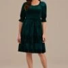 Green Short Puff Sleeve Square Neck Smocked Midi Dress -Saucony Store brld3110901 1