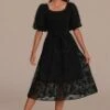 Black Floral Textured Short Puff Sleeve Square Neck Smocked Tiered Midi Dress -Saucony Store brld3110904 1