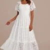 Off White Lace Square Neck Short Sleeve Smocked Tiered Maxi Dress -Saucony Store brld3110912 1 1