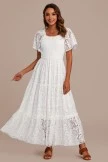 Off White Lace Square Neck Short Sleeve Smocked Tiered Maxi Dress