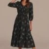 Black Palm Print Long Sleeve V Neck Smocked Midi Dress 2 Black Palm Print Long Sleeve V Neck Smocked Midi Dress -Saucony Store brld3110913 1
