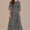 Black Floral Half Sleeve Round Neck Smocked Tiered Midi Dress -Saucony Store brld3110914 1