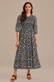 Black Floral Half Sleeve Round Neck Smocked Tiered Midi Dress