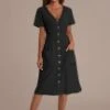 Casual Short Sleeve V Neck Button Down Midi Dress With Pockets -Saucony Store brld879611113 17