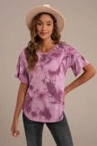 Purple Tie Dye Short Ruffle Sleeve Round Neck Blouse Top