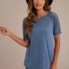 Blue Round Neck Lace Sleeve Top -Saucony Store brlt022207 1