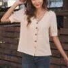 Wheat Short Puff Sleeve V Neck Buttons Blouse 1 Wheat Short Puff Sleeve V Neck Buttons Blouse -Saucony Store brlt097 1