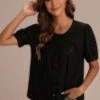 Black Round Neck Short Sleeve Buttons Blouse -Saucony Store brlt2050504 3
