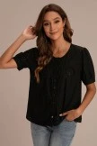 Black Round Neck Short Sleeve Buttons Blouse