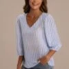 Stripe V Neck 3/4 Sleeve Ballon Sleeve Blouse 1 Stripe V Neck 3/4 Sleeve Ballon Sleeve Blouse -Saucony Store brlt2051204 3