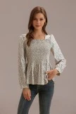 Floral Square Neck Long Sleeve Smocked Ruffle Blouse
