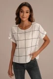 Plaid Round Neck Rolled Cuff Short Sleeve Blouse