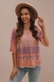 Floral Print V Neck Half Sleeve Lace Trim Top