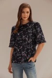 Black Floral Short Sleeve Mock Neck Peplum Blouse