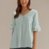 Solid V Neck Short Sleeve Smocked Blouse -Saucony Store brlt2090802 1
