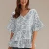 Polka Dots V Neck Short Sleeve Blouse -Saucony Store brlt2102001 1