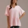 Light Pink Short Sleeve V Neck Embroidered Peplum Blouse -Saucony Store brlt3020205 1