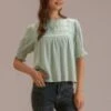 Sea Foam Short Sleeve Ruffle Mock Neck Blouse -Saucony Store brlt3022303 1