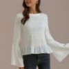 White Round Neck Long Sleeve Smocked Blouse -Saucony Store brlt3022307 1