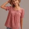 Rust Stripe Square Neck Short Sleeve Smocked Blouse -Saucony Store brlt3032302 1