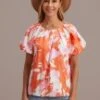 Orange Floral Round Neck Puff Short Sleeve Blouse -Saucony Store brlt3040605 1