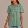 Green Hollow Ruffle Round Neck Short Sleeve Blouse -Saucony Store brlt3040607 1