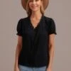 Black Lace V Neck Short Sleeve Button Blouse -Saucony Store brlt3041304 1
