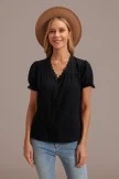 Black Lace V Neck Short Sleeve Button Blouse